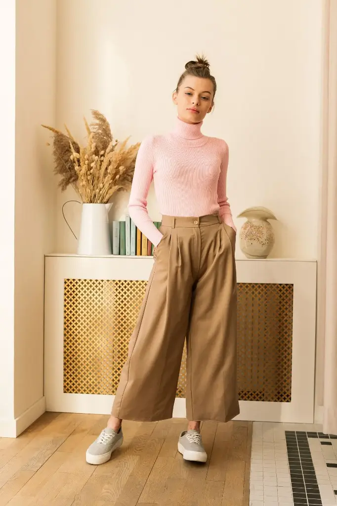 高腰闊腿長褲—經典駝色