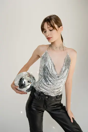 亮片網眼上衣—星光銀色